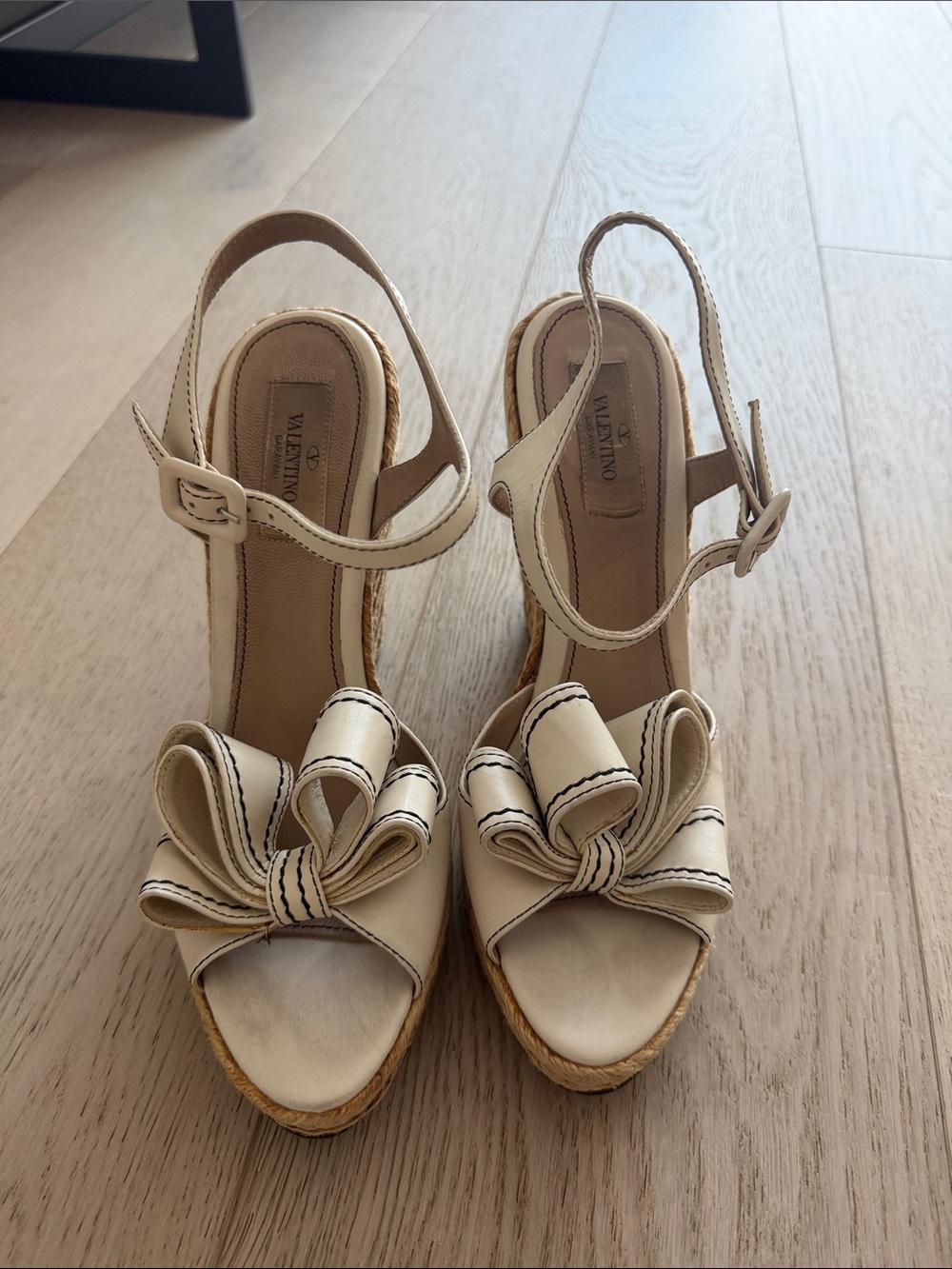 Valentino Cream Bow Espadrille Wedge Sandals